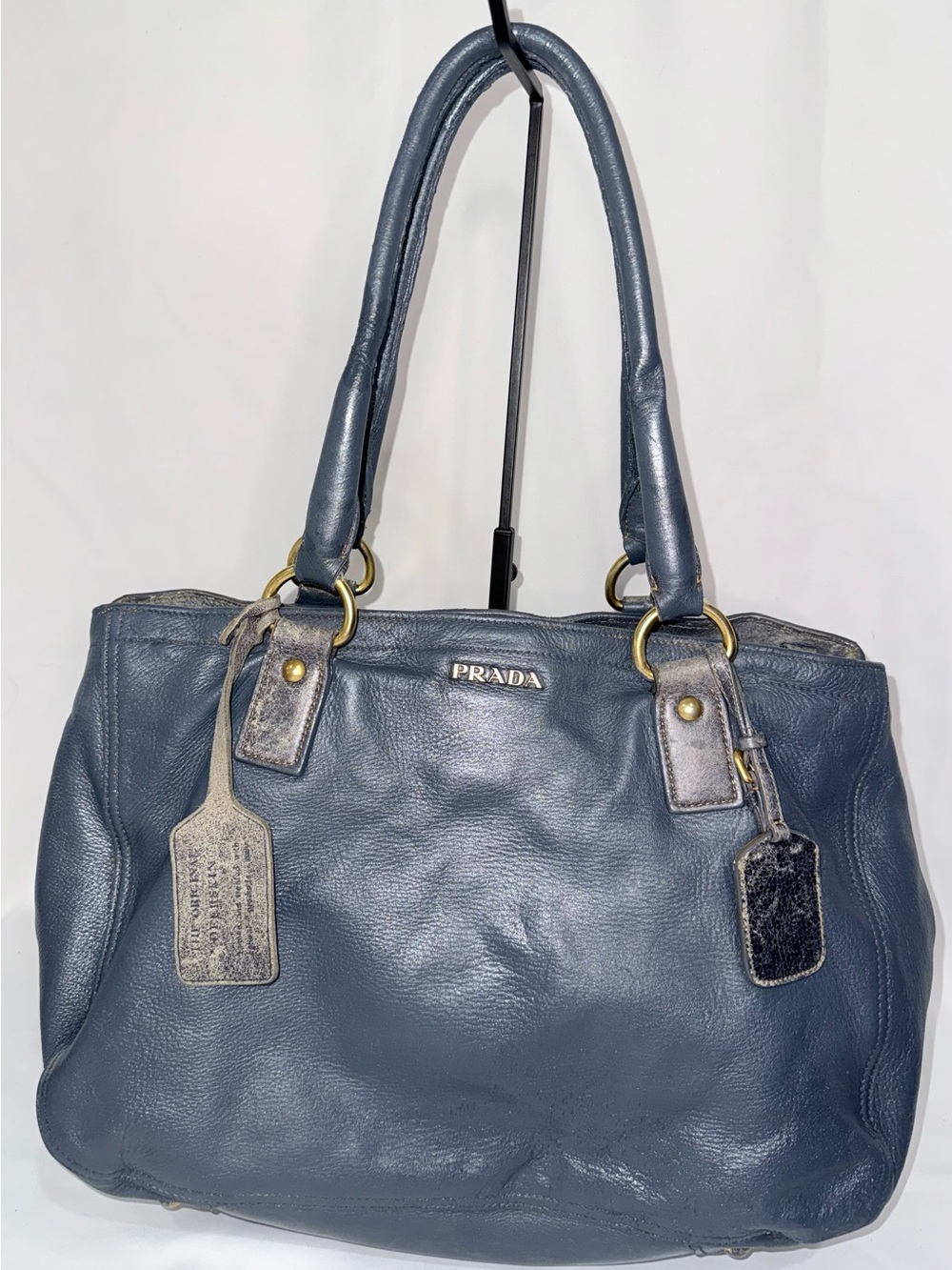 Prada Blue Grey Leather Tote Bag